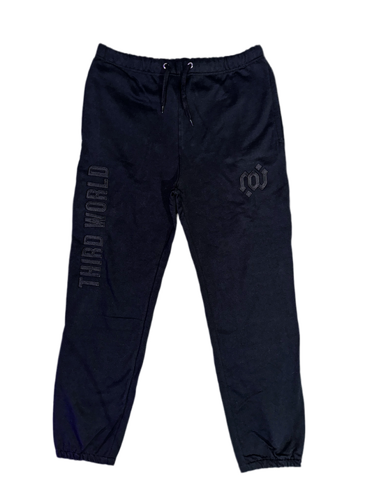 Standard Sweatpant Sample II - Black Logo/Typography. “S”+“XL” Patches: Left Quadricep, Right Middle Leg